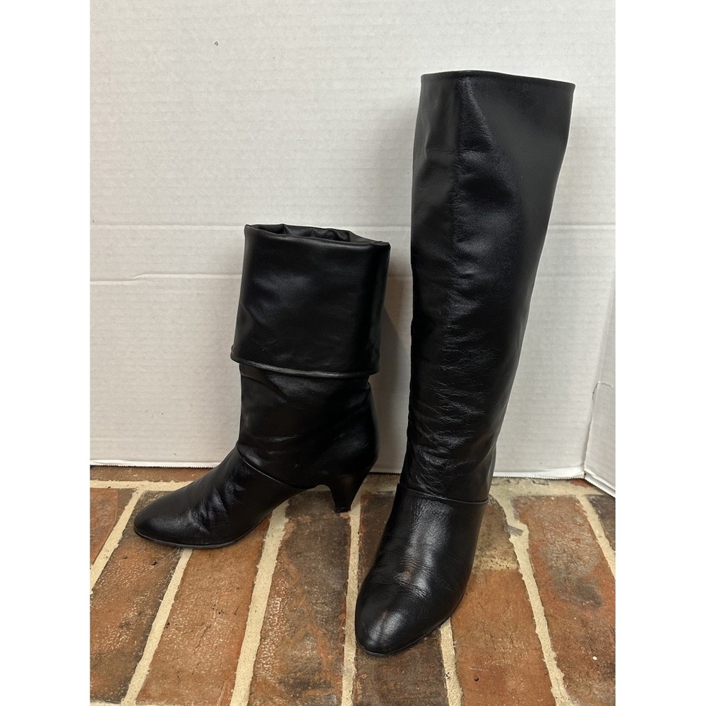 Vintage 80s Joyce Black Leather Boots Mid-Heel Fold Over Knee High Women's 6
